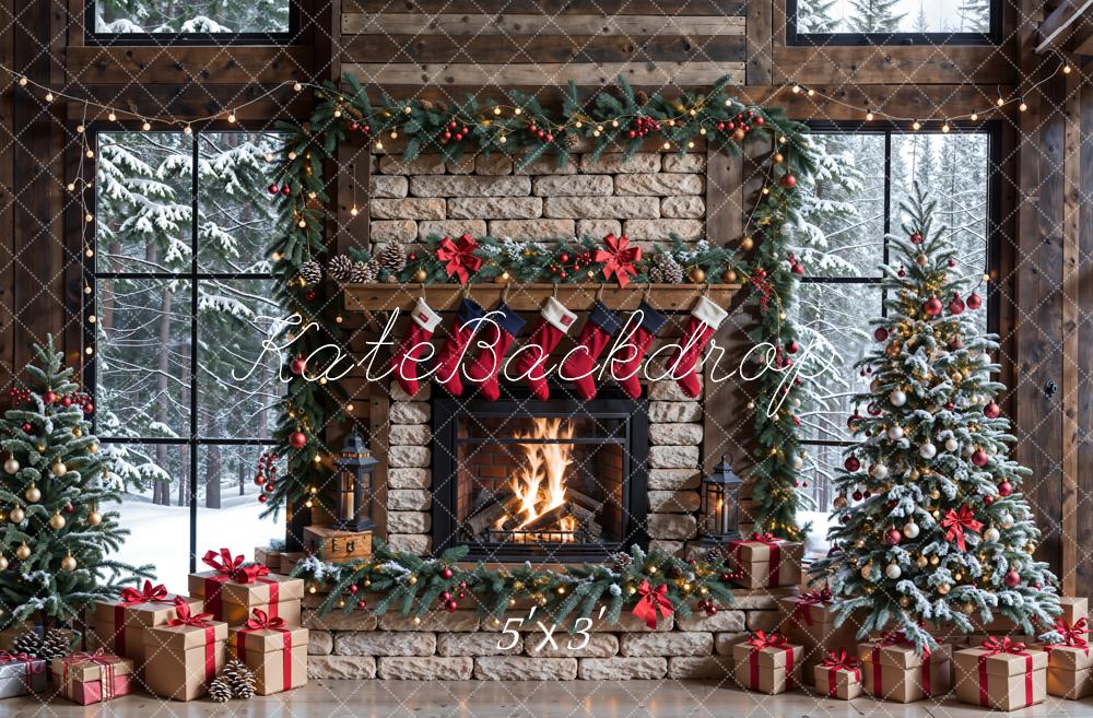 Kate Winter Christmas Brick Fireplace Window Backdrop Designed by Emetselch