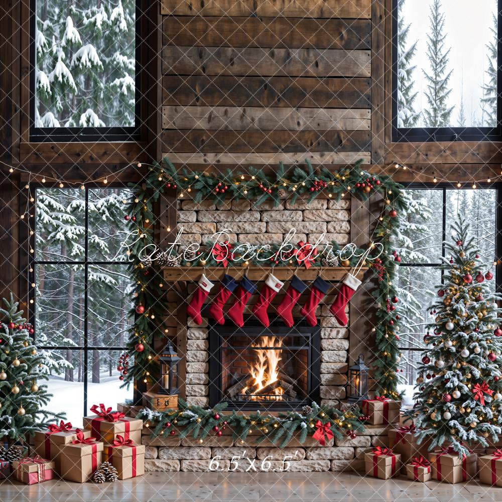 Kate Winter Christmas Brick Fireplace Window Backdrop Designed by Emetselch