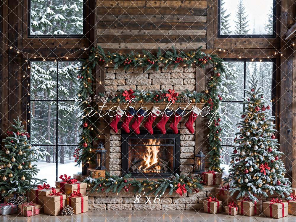 Kate Winter Christmas Brick Fireplace Window Backdrop Designed by Emetselch