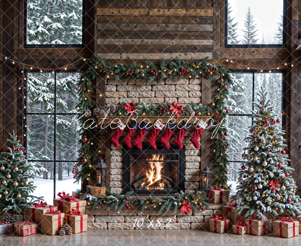 Kate Winter Christmas Brick Fireplace Window Backdrop Designed by Emetselch