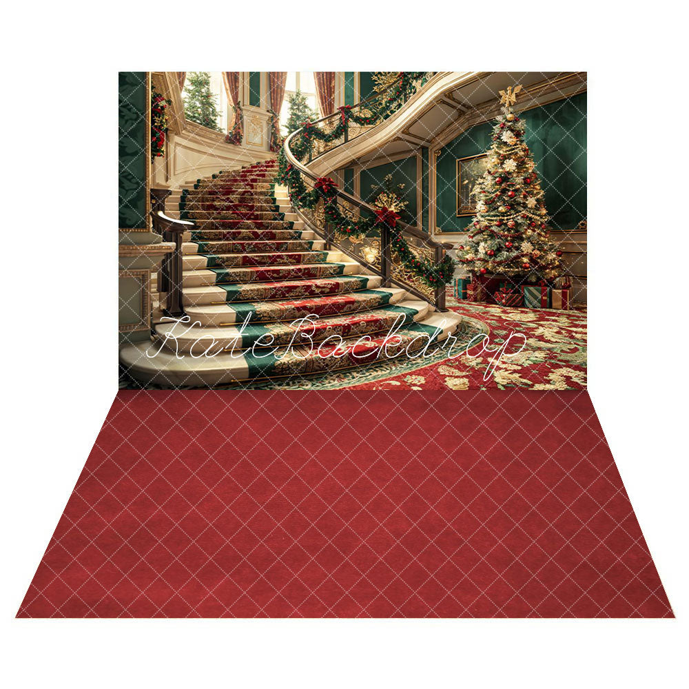 Kate Christmas Staircase Backdrop+Red Blanket Floor Backdrop