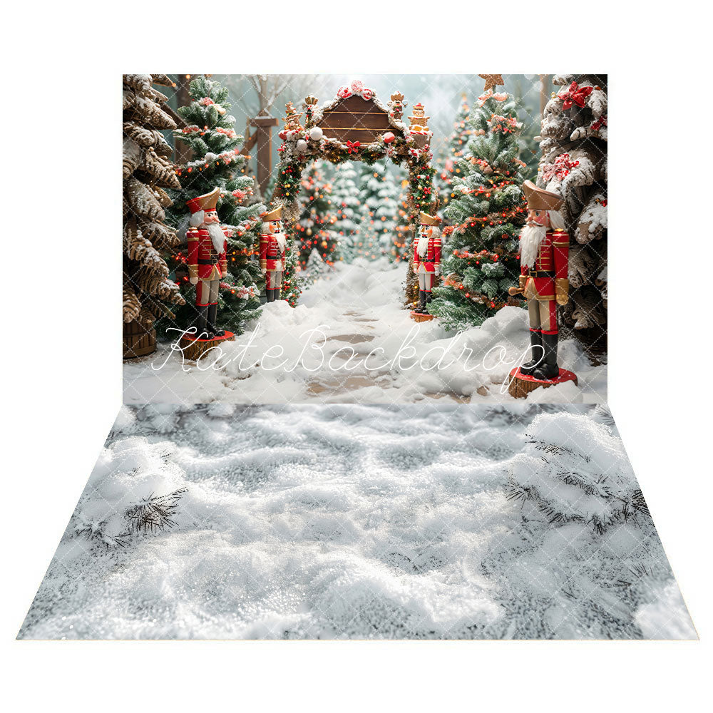 Kate Winter Christmas Forest Nutcracker Backdrop+Thick Snow Floor Backdrop