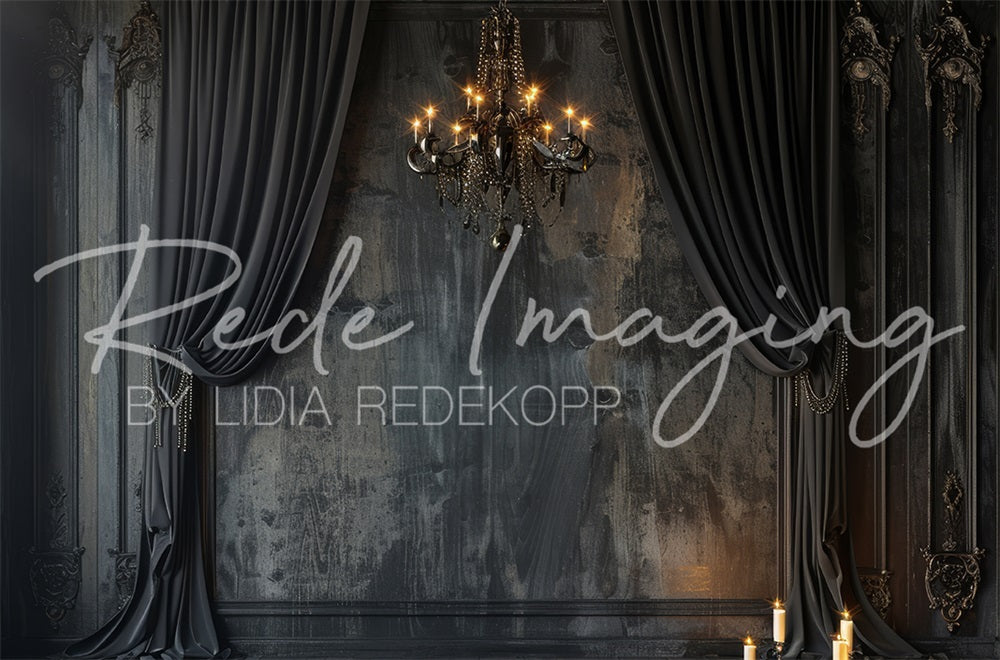 Kate Dark Elegant Curtains & Chandelier Backdrop Designed by Lidia Redekopp