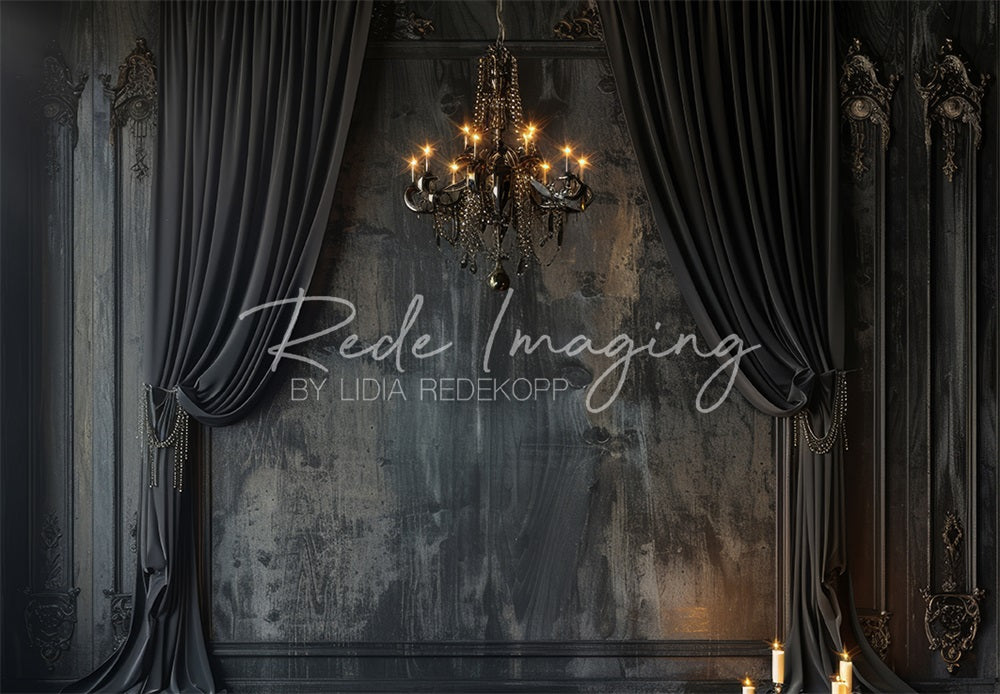 Kate Dark Elegant Curtains & Chandelier Backdrop Designed by Lidia Redekopp