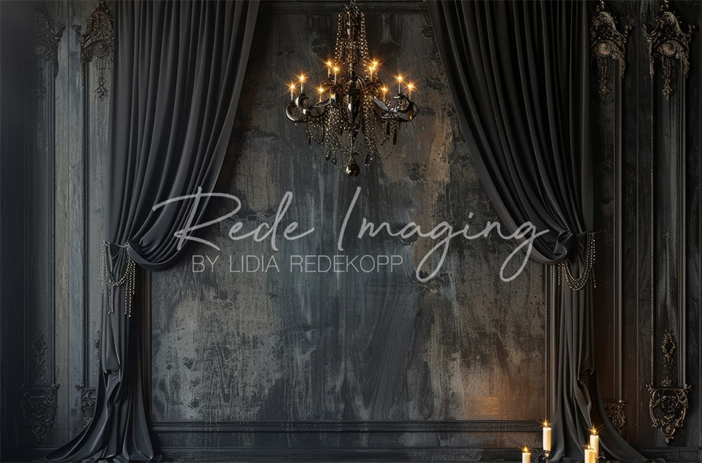 Kate Dark Elegant Curtains & Chandelier Backdrop Designed by Lidia Redekopp