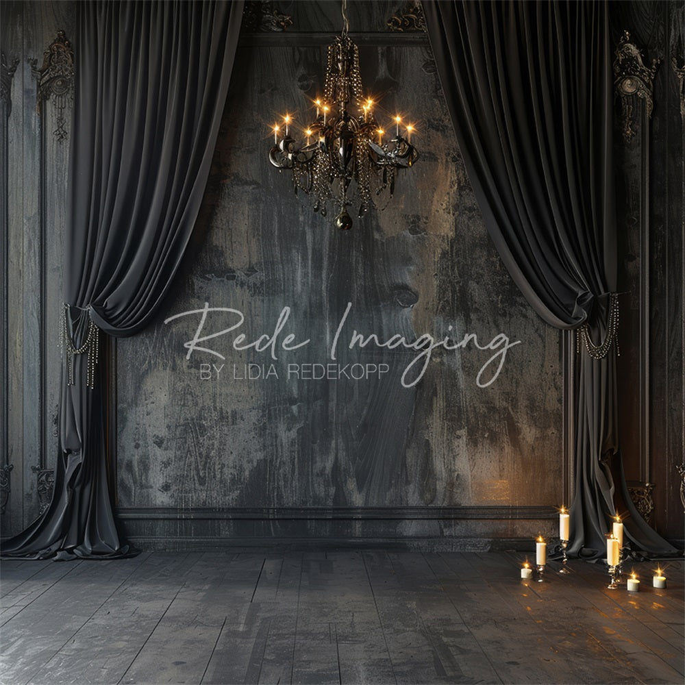 Kate Dark Elegant Curtains & Chandelier Backdrop Designed by Lidia Redekopp