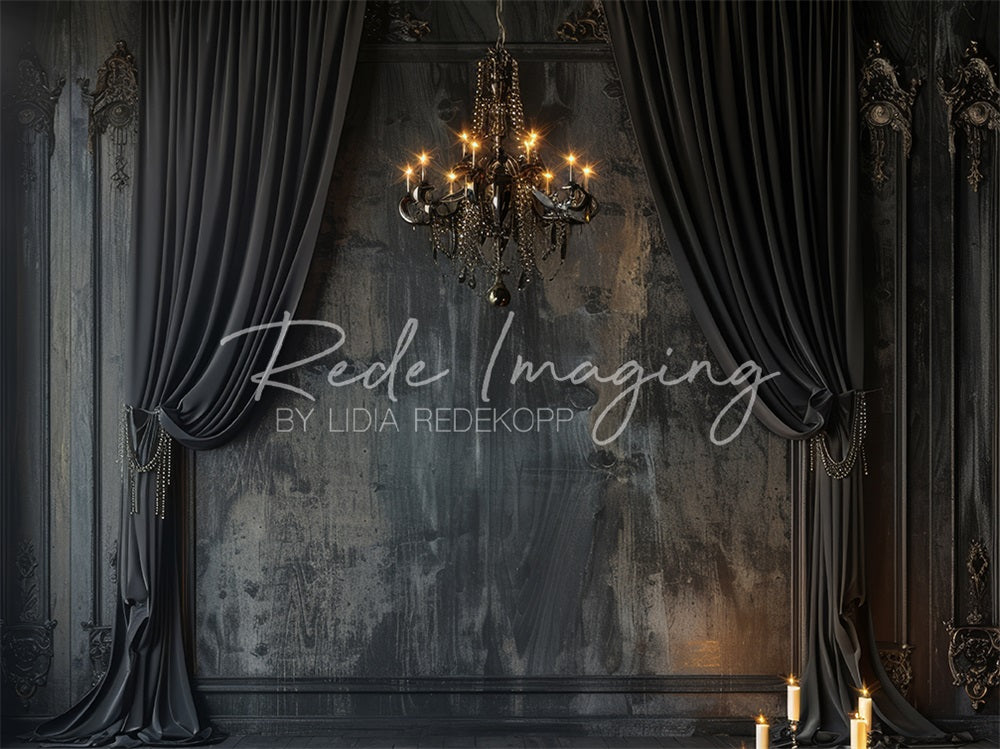 Kate Dark Elegant Curtains & Chandelier Backdrop Designed by Lidia Redekopp