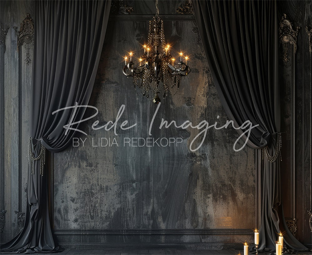 Kate Dark Elegant Curtains & Chandelier Backdrop Designed by Lidia Redekopp