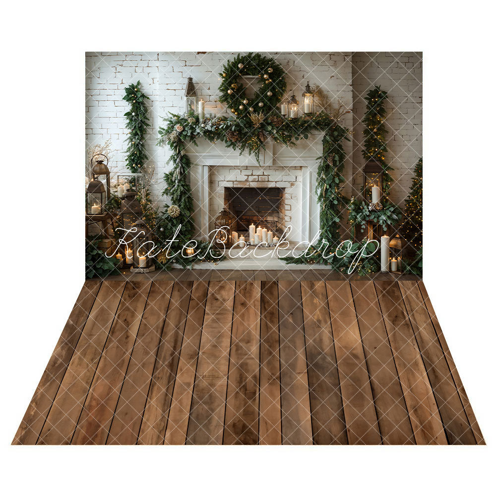 Kate Christmas White Brick Fireplace Backdrop+Wood Texture Floor Backdrop