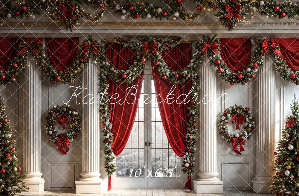 Kate Christmas Backdrop Wreath Interior Decoration Red Curtains Designed by Chain Photography