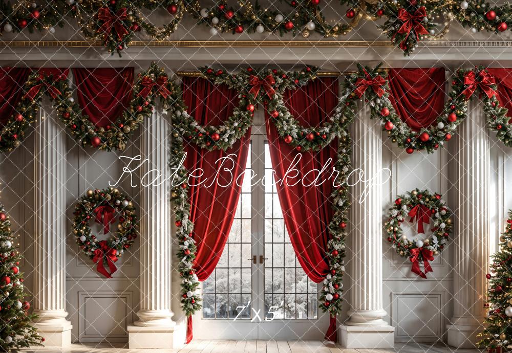 Kate Christmas Backdrop Wreath Interior Decoration Red Curtains Designed by Chain Photography