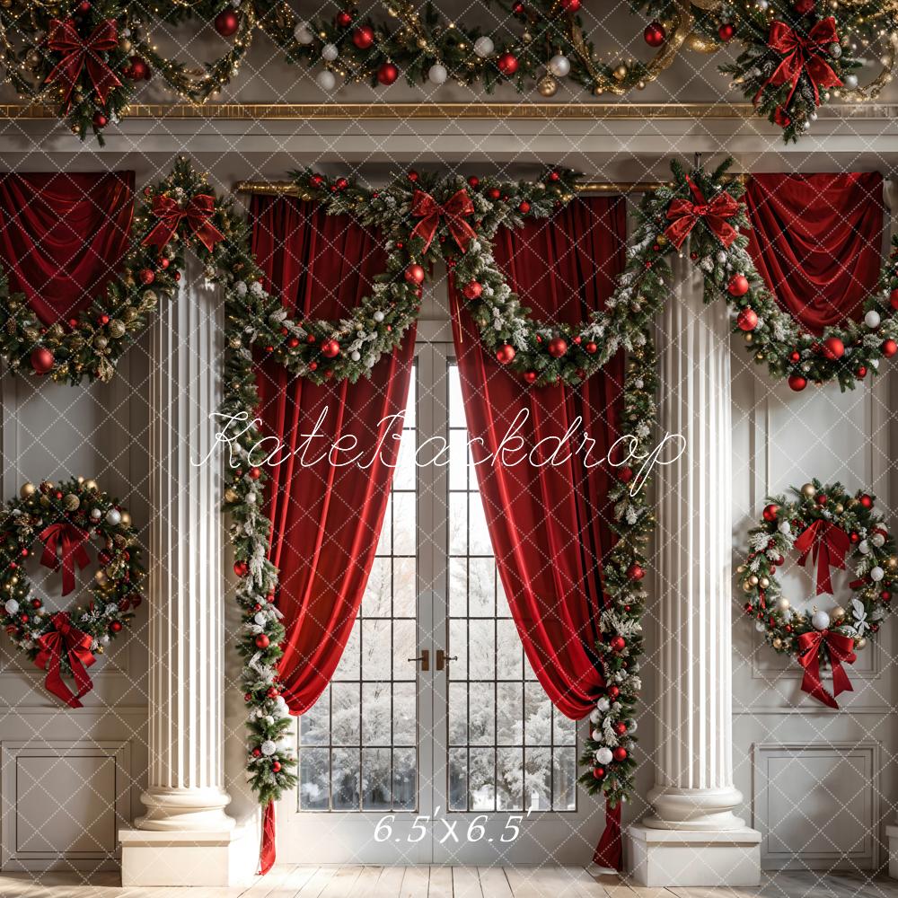 Kate Christmas Backdrop Wreath Interior Decoration Red Curtains Designed by Chain Photography