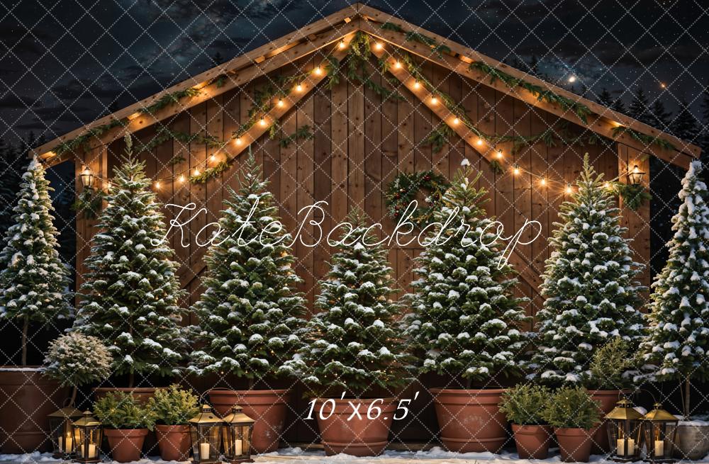 Kate Christmas Tree Wooden House Night Sky Backdrop Designed by Chain Photography