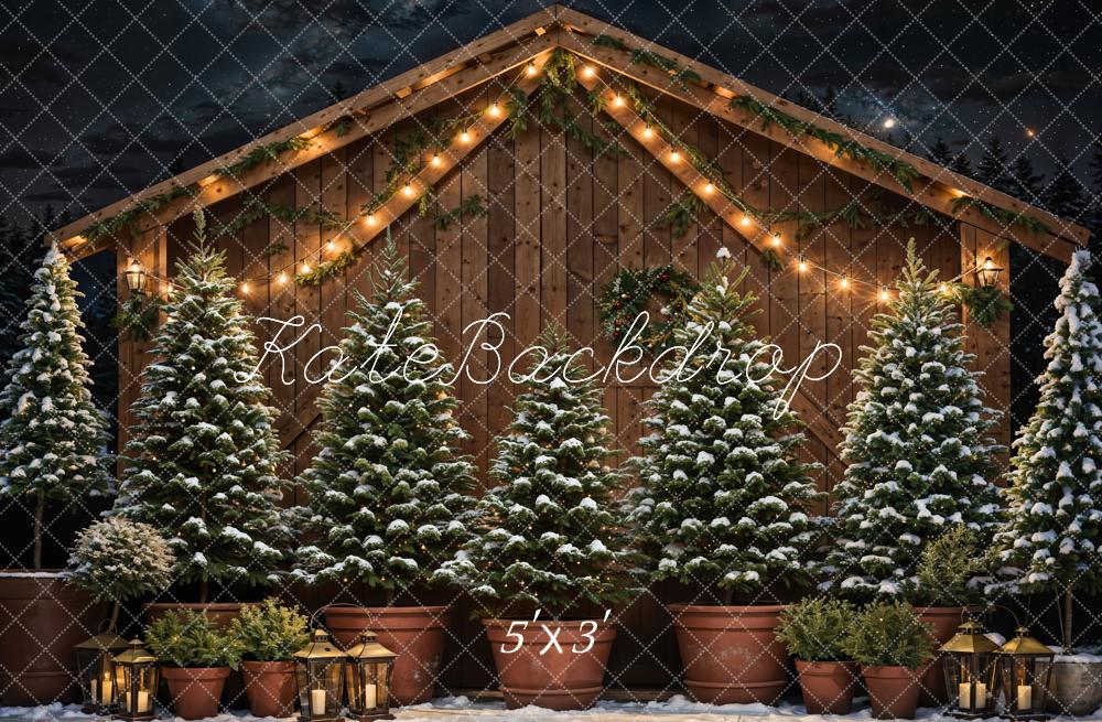 Kate Christmas Tree Wooden House Night Sky Backdrop Designed by Chain Photography