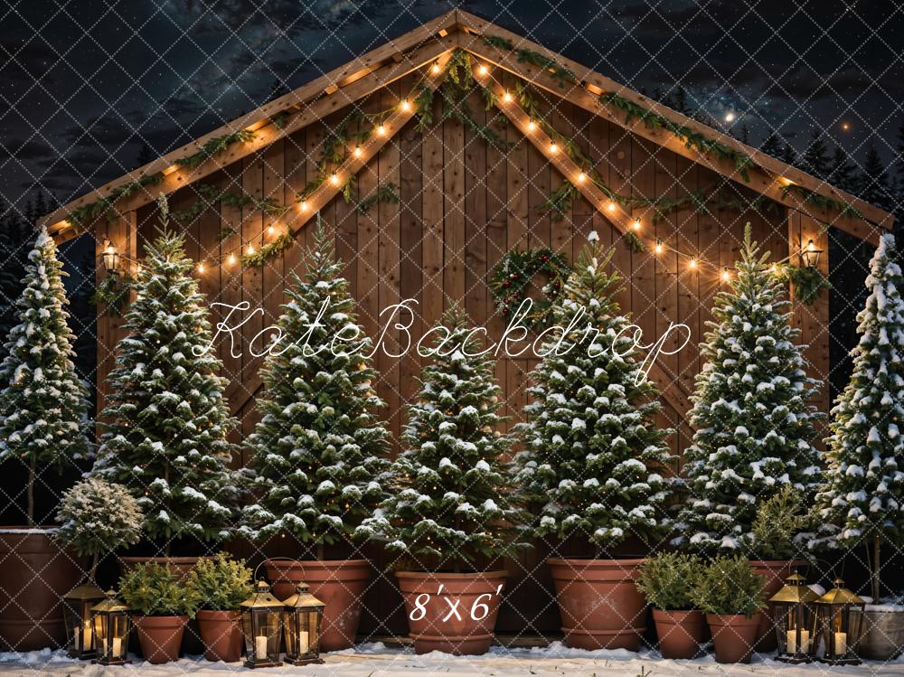 Kate Christmas Tree Wooden House Night Sky Backdrop Designed by Chain Photography