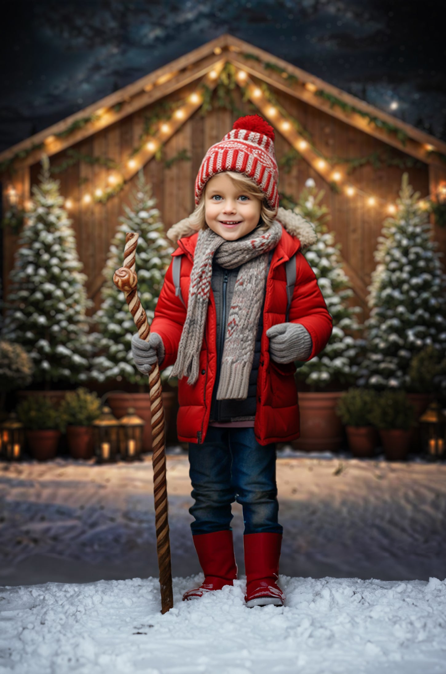 Kate Christmas Tree Wooden House Night Sky Backdrop Designed by Chain Photography