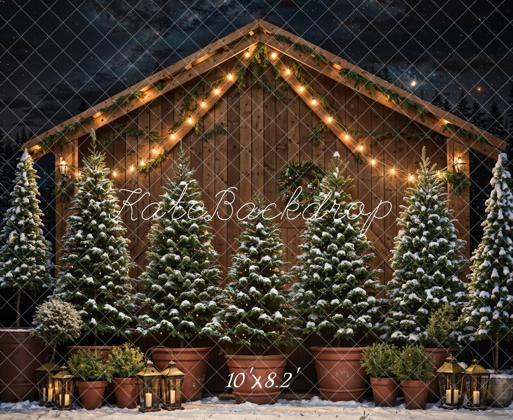 Kate Christmas Tree Wooden House Night Sky Backdrop Designed by Chain Photography