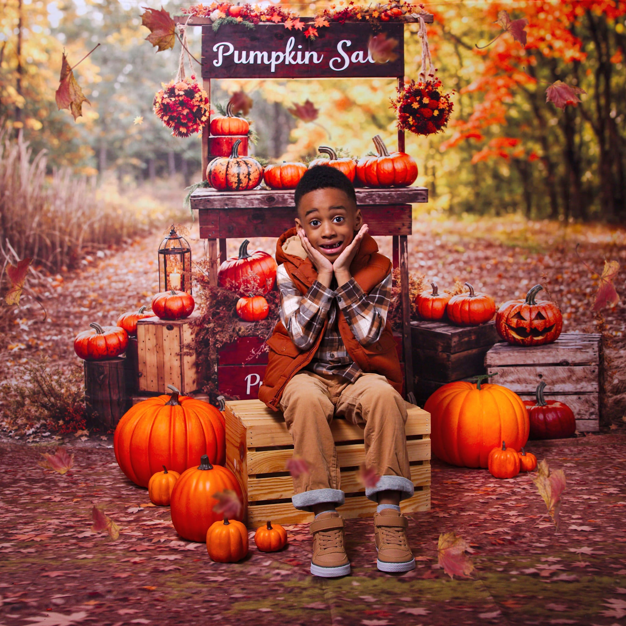 Kate Fall Pumpkin Sale Backdrop+Fallen Leaves Mud Floor Backdrop