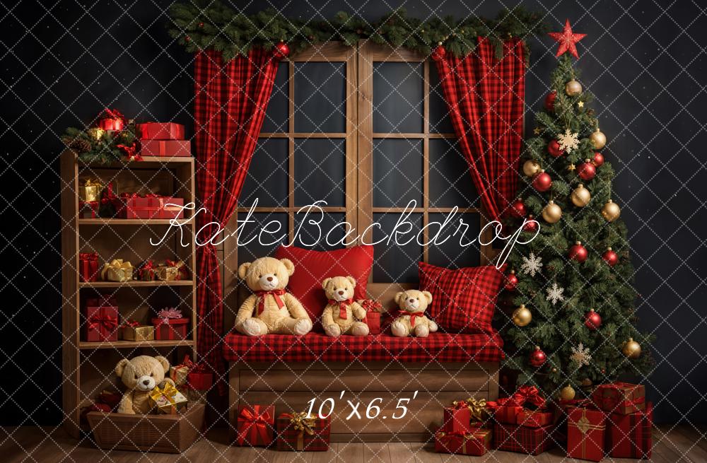 Kate Christmas Tree Backdrop Red Curtain Teddy Bear Designed by Emetselch