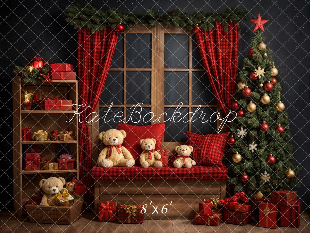 Kate Christmas Tree Backdrop Red Curtain Teddy Bear Designed by Emetselch