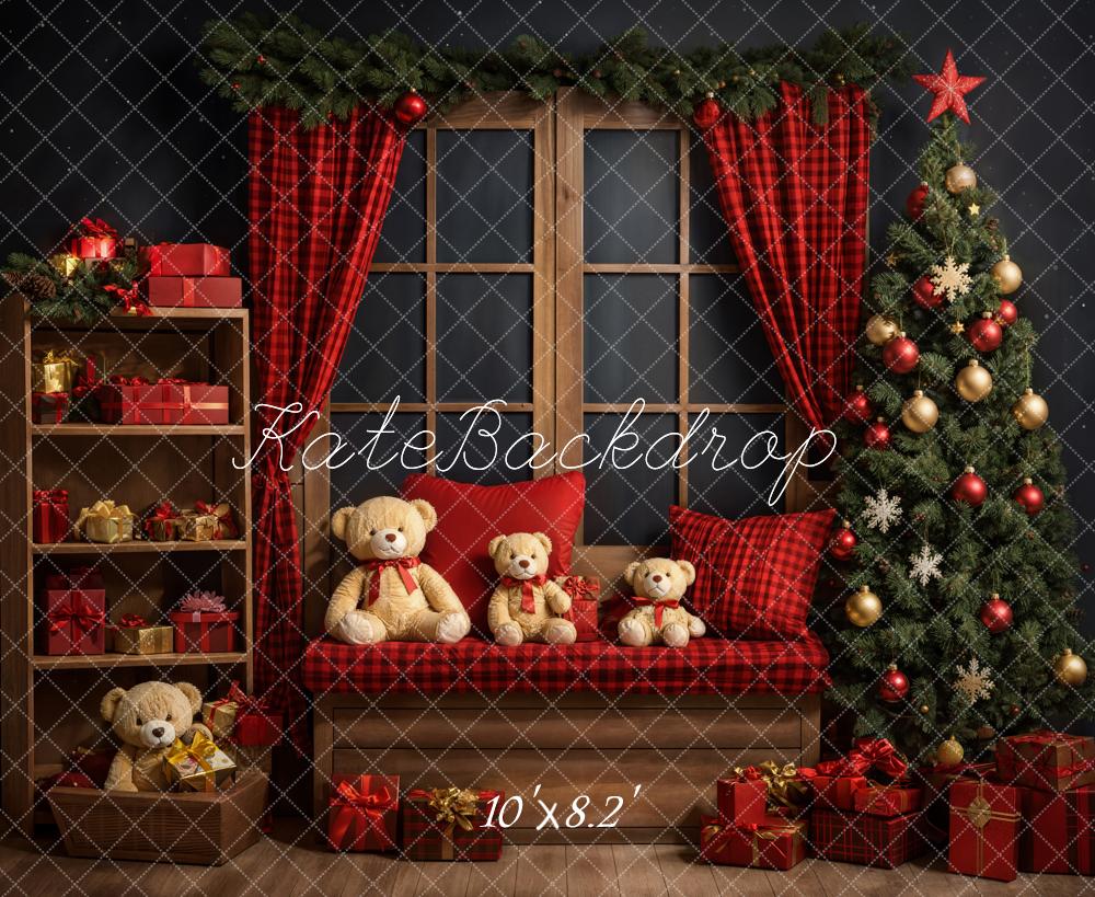 Kate Christmas Tree Backdrop Red Curtain Teddy Bear Designed by Emetselch