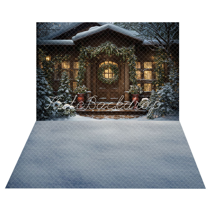 Kate Christmas Winter House Backdrop+White Snow Floral Floor Backdrop