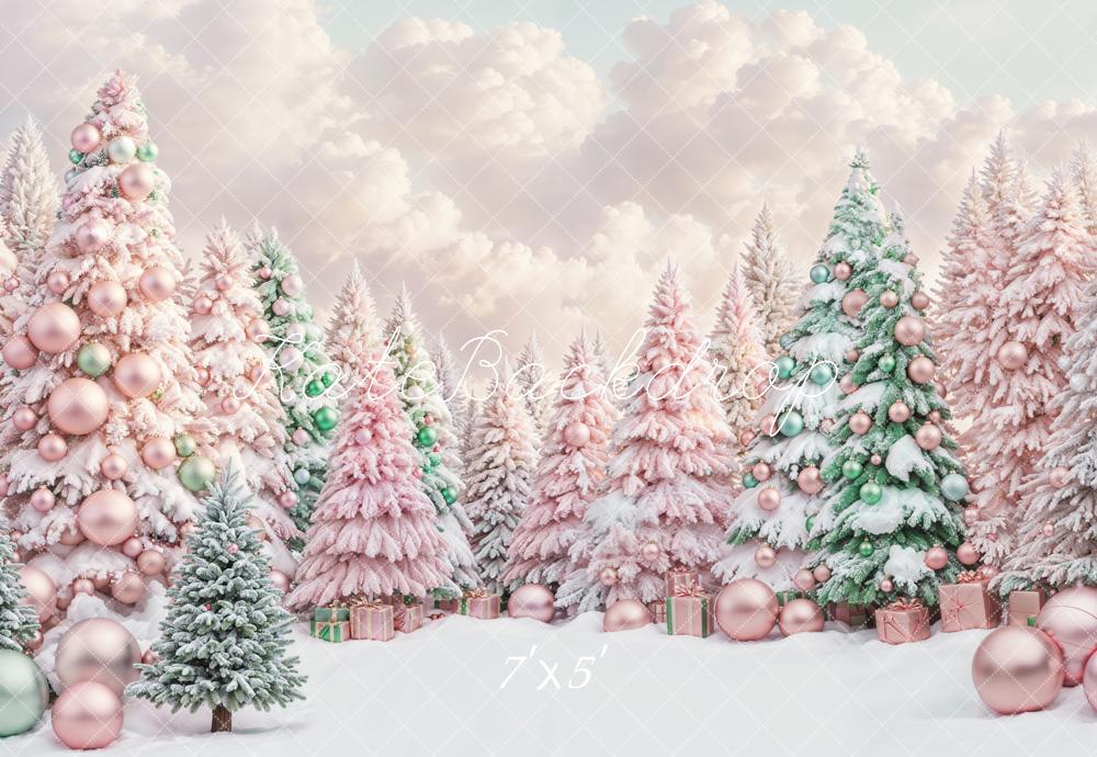 Kate Pink Christmas Tree Snow Backdrop Designed by Chain Photography