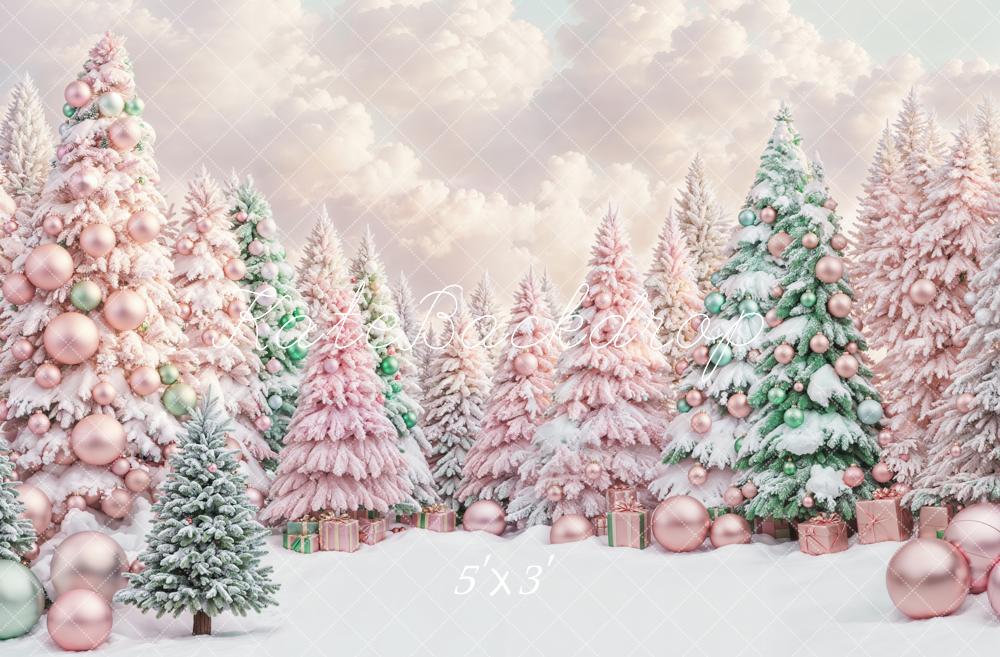 Kate Pink Christmas Tree Snow Backdrop Designed by Chain Photography