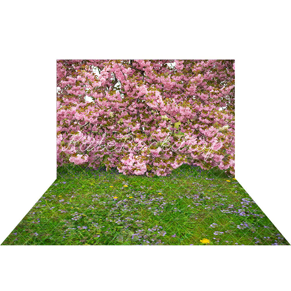 Kate Pink Cherry Blossom Tree Forest Backdrop+Green Meadow Flower Rubber Floor Mat