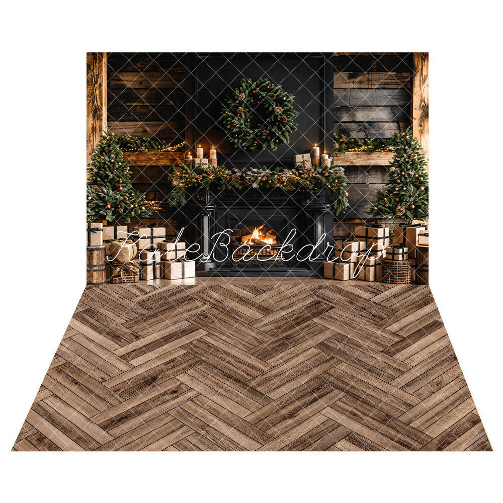 Kate Christmas Black Wall Fireplace Backdrop+Wood Grain Floor Backdrop