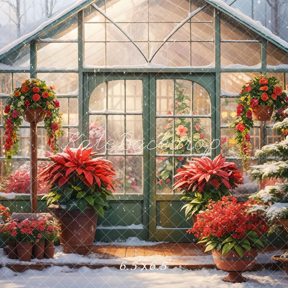 Kate Winter Snow Red Flower Greenhouse Backdrop Designed by GQ