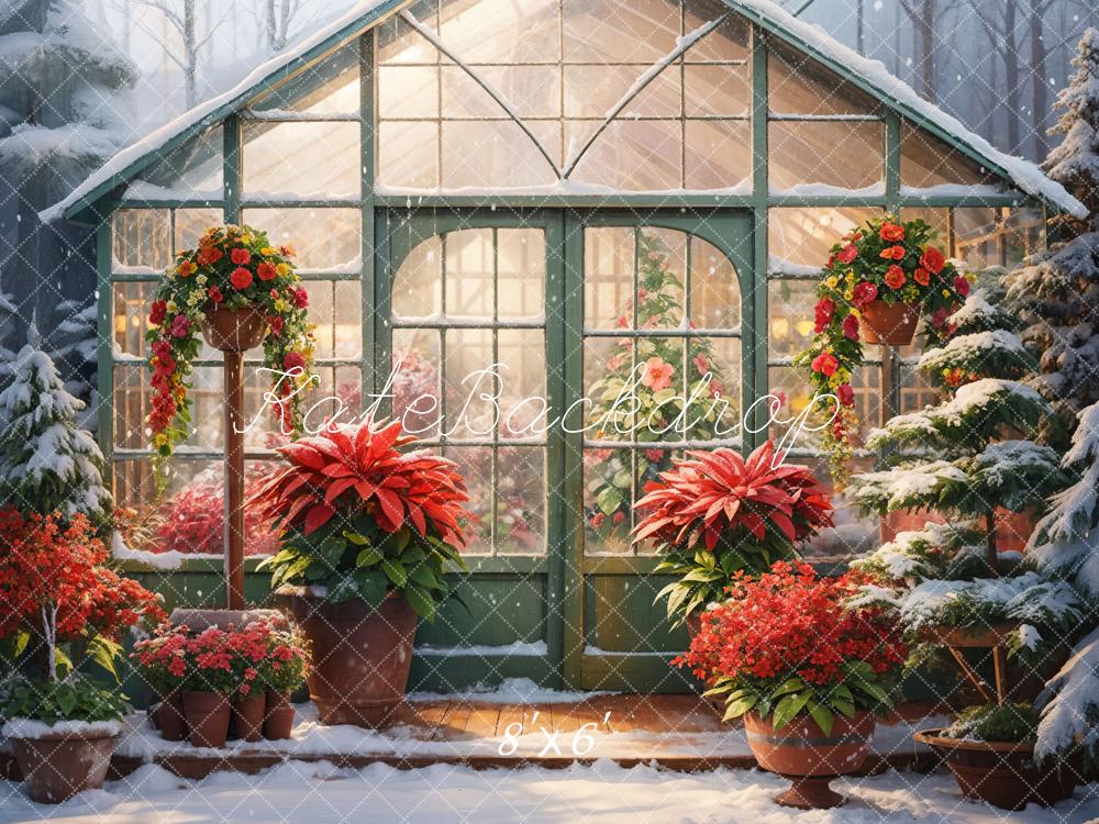 Kate Winter Snow Red Flower Greenhouse Backdrop Designed by GQ