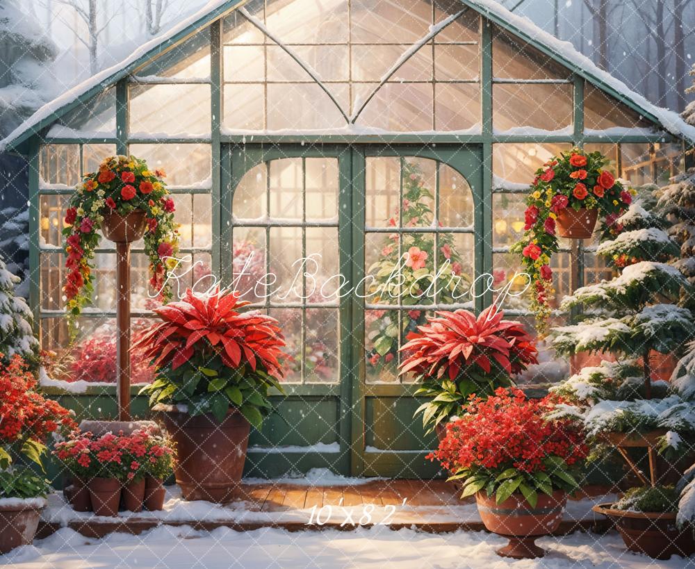 Kate Winter Snow Red Flower Greenhouse Backdrop Designed by GQ