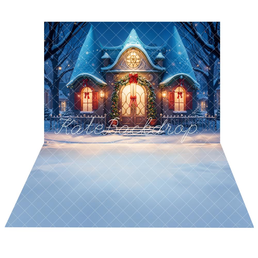 Kate Christmas Blue Night House Backdrop+Winter Snow Floor Backdrop