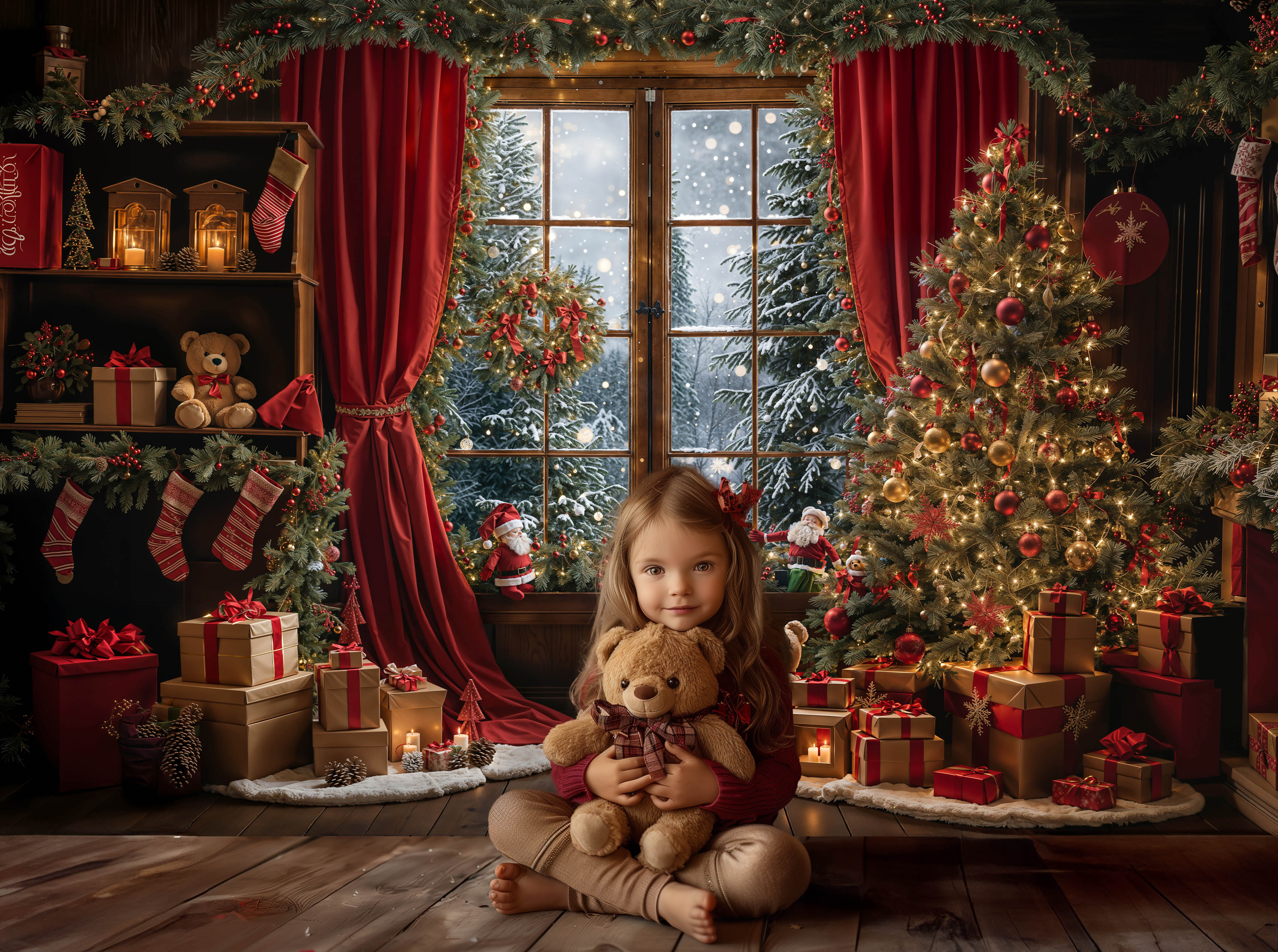 Kate Winter Christmas Red Curtain Window Backdrop Designed by Emetselch