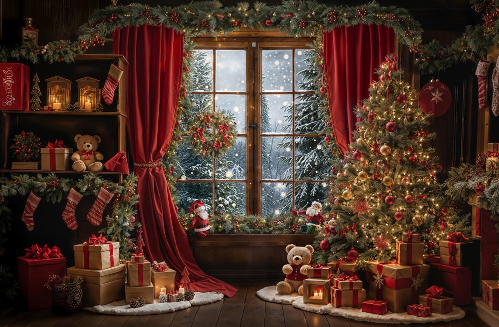 Kate Winter Christmas Red Curtain Window Backdrop Designed by Emetselch