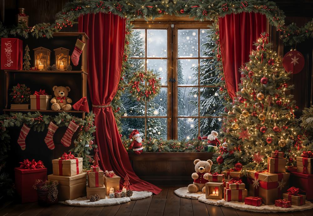 Kate Winter Christmas Red Curtain Window Backdrop Designed by Emetselch