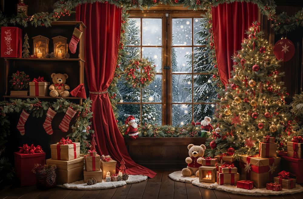 Kate Winter Christmas Red Curtain Window Backdrop Designed by Emetselch