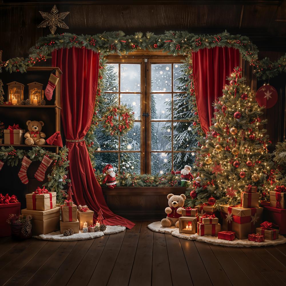 Kate Winter Christmas Red Curtain Window Backdrop Designed by Emetselch