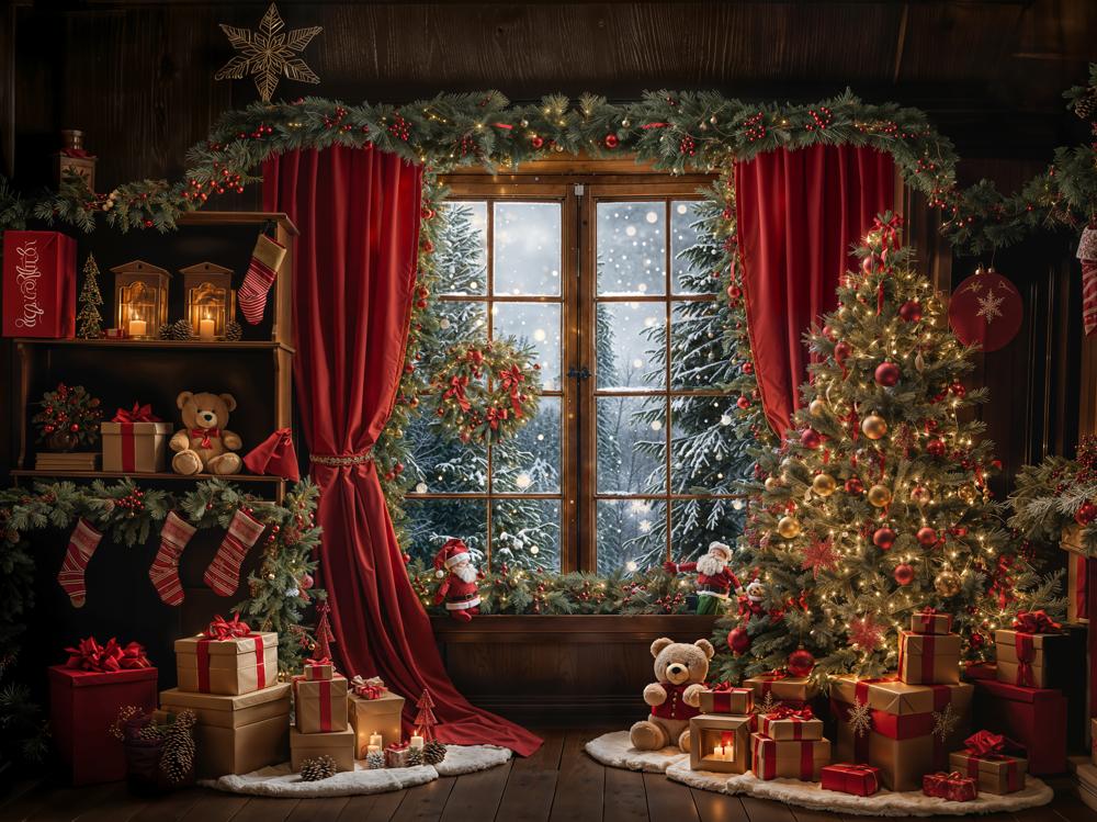 Kate Winter Christmas Red Curtain Window Backdrop Designed by Emetselch