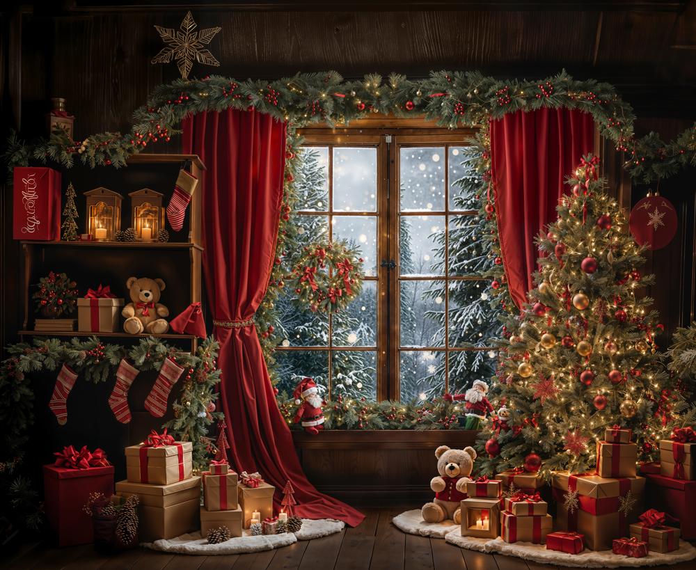 Kate Winter Christmas Red Curtain Window Backdrop Designed by Emetselch