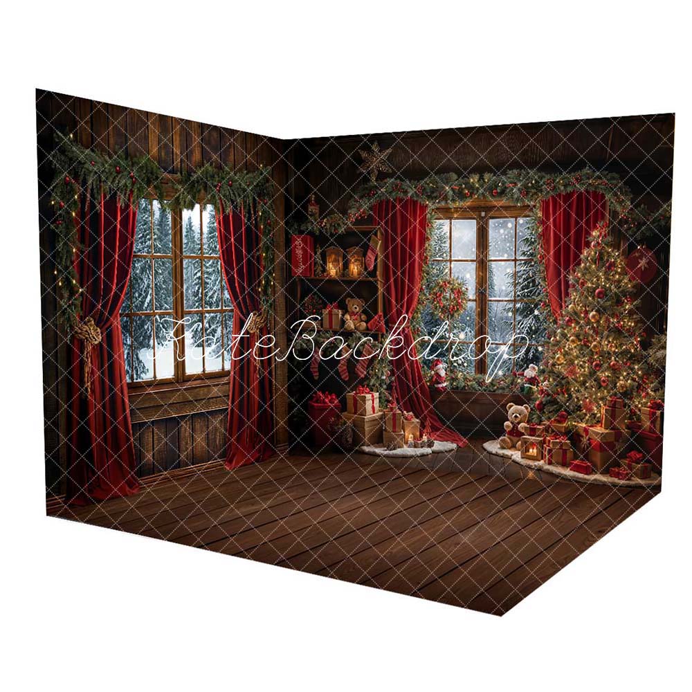 Kate Christmas Tree Red Curtains Wooden House Room Set(8ftx8ft&10ftx8ft&8ftx10ft)