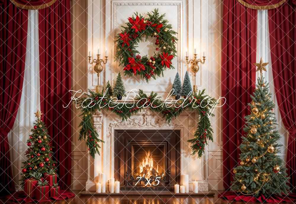 Kate Christmas Red Curtain White Fireplace Backdrop Designed by Emetselch