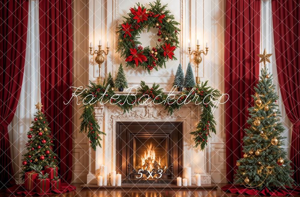 Kate Christmas Red Curtain White Fireplace Backdrop Designed by Emetselch