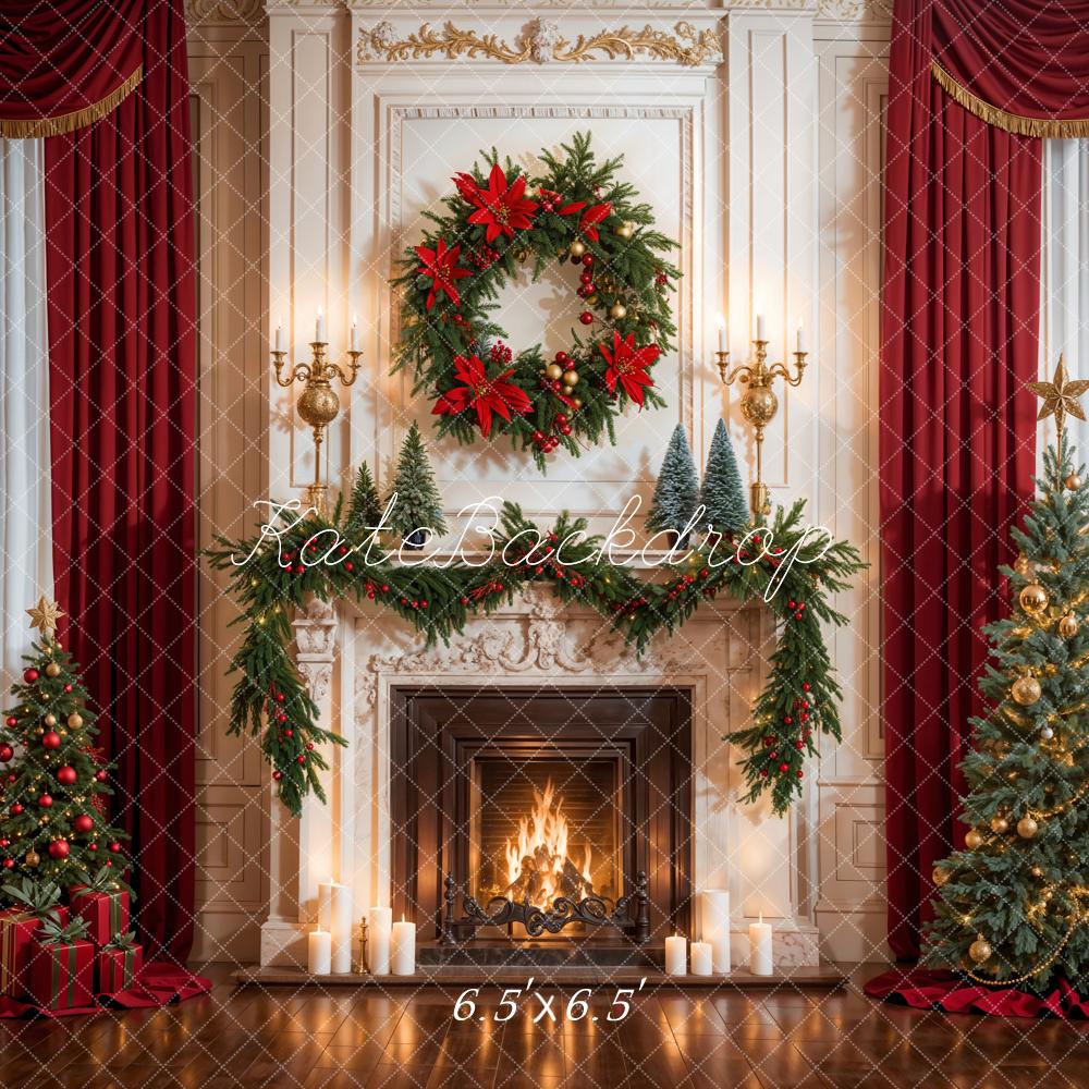 Kate Christmas Red Curtain White Fireplace Backdrop Designed by Emetselch