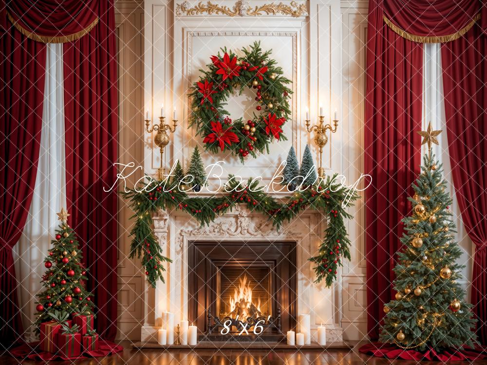 Kate Christmas Red Curtain White Fireplace Backdrop Designed by Emetselch