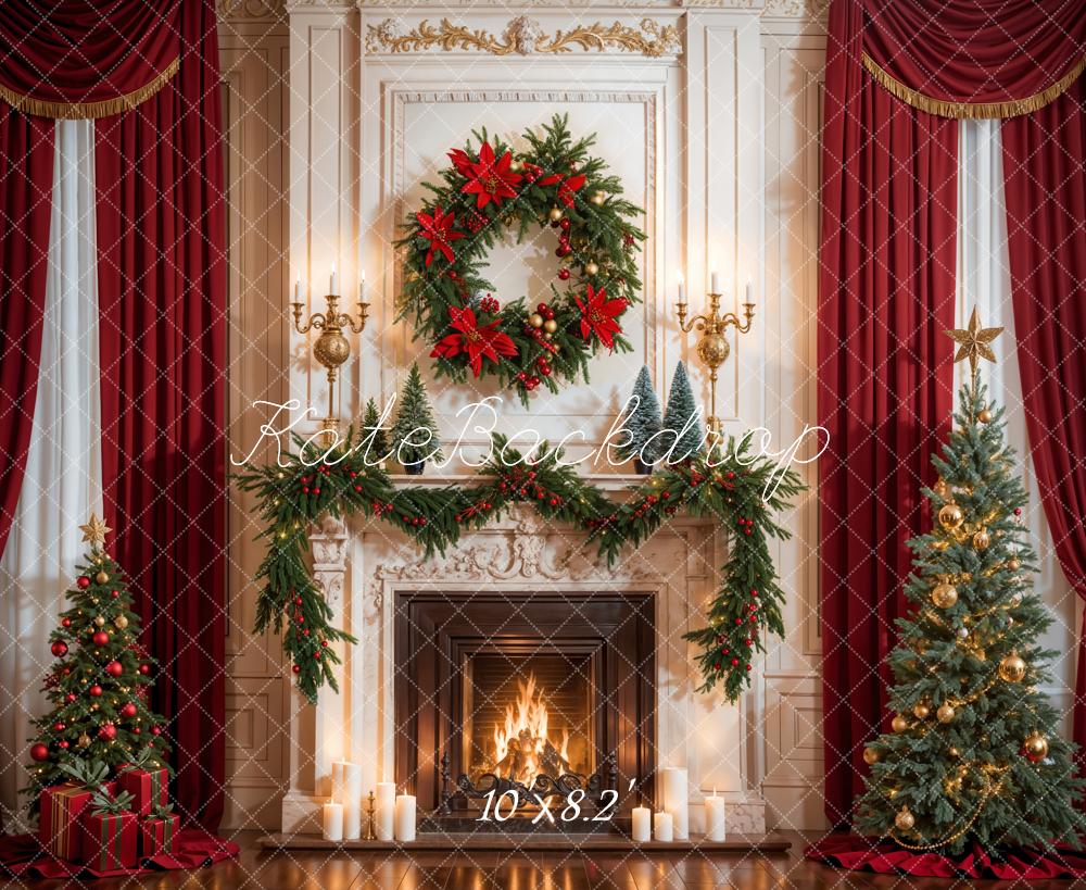 Kate Christmas Red Curtain White Fireplace Backdrop Designed by Emetselch