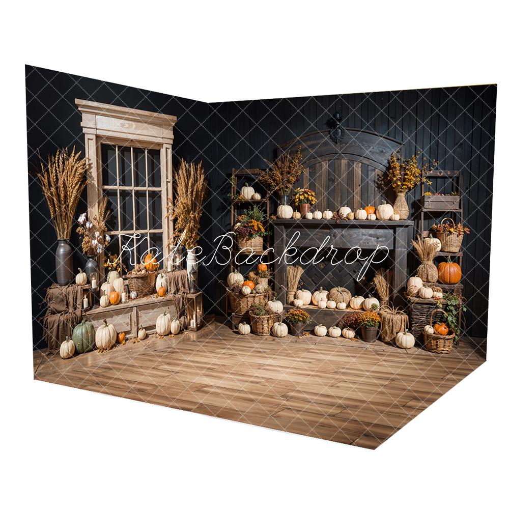 Kate Autumn Pumpkins Wheat Ears Black Wooden Wall Room Set(8ftx8ft&10ftx8ft&8ftx10ft)