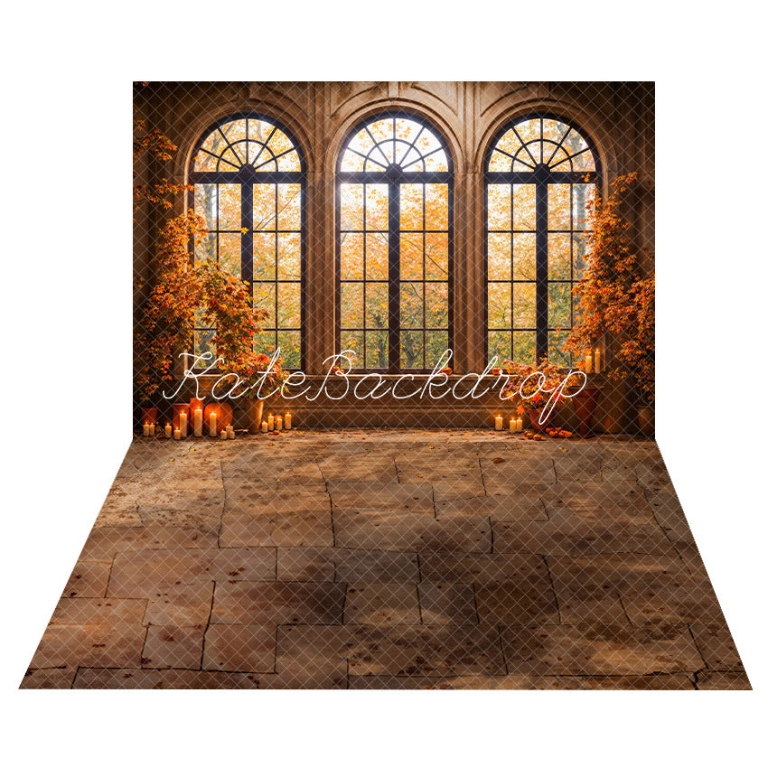 Kate Arched Windows Autumn Backdrop+Stone Lattice Floor Backdrop