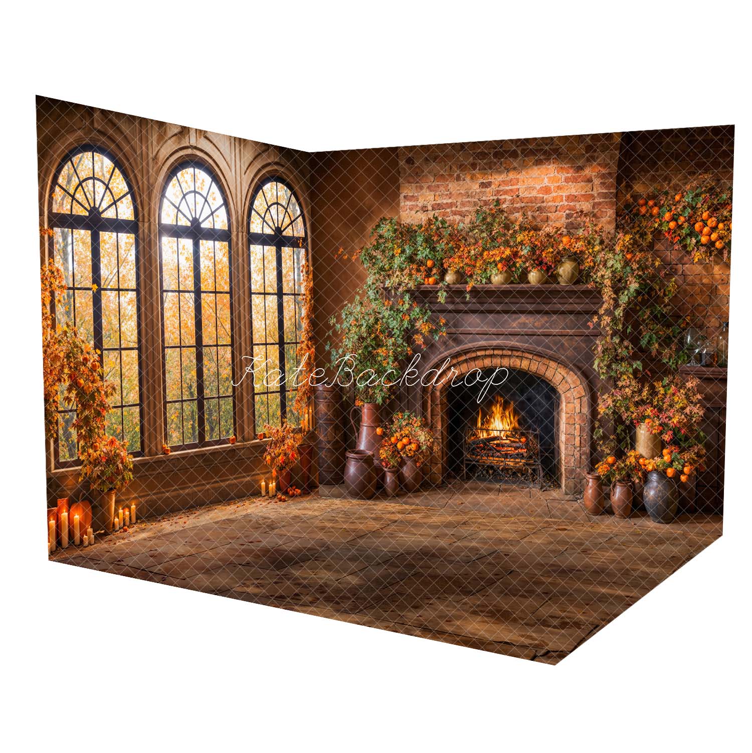 Kate Autumn Arched Windows Brick Wall Fireplace Room Set(8ftx8ft&10ftx8ft&8ftx10ft)